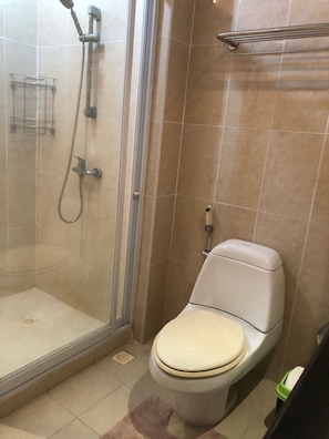 Douche, serviettes fournies, papier toilette