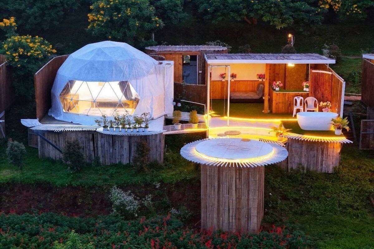 Una estructura de cúpula geodèsica amb un pont de fusta i zona d'estar, envoltada per un jardí amb diverses plantes i un edifici de fusta petit amb un porxo.