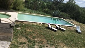 Una piscina rectangular con borde de piedra, rodeada de césped y árboles.
