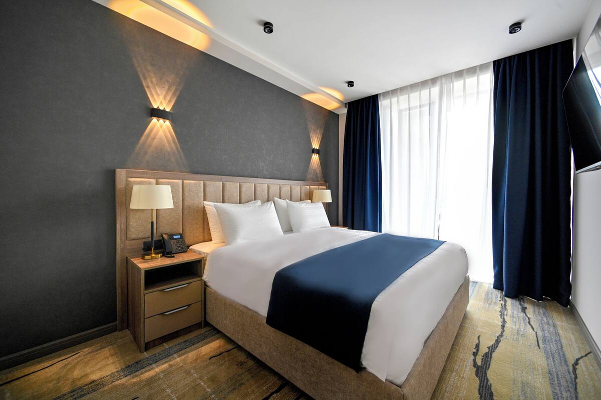 Habitación de hotel con una cama grande, dos mesitas de noche con lámparas, un televisor de pantalla plana y vistas al exterior.