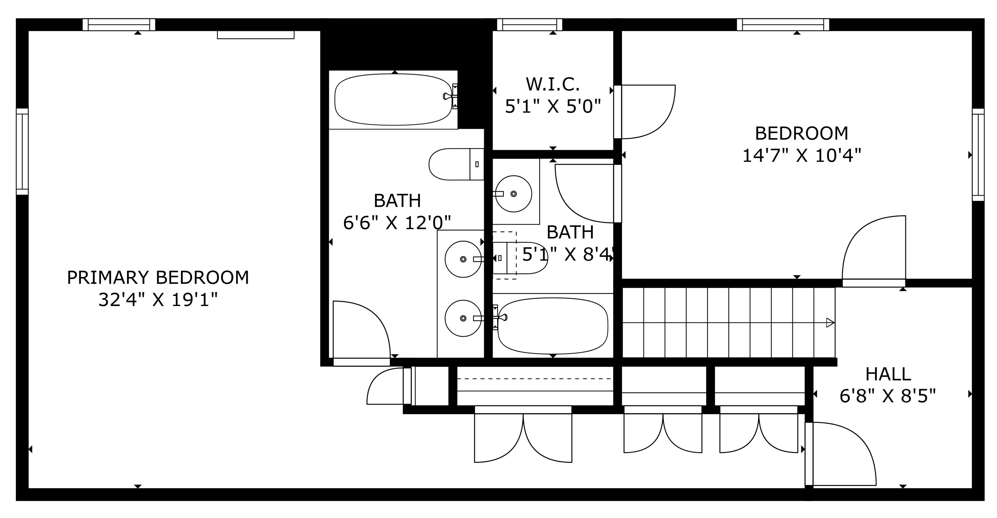 Een plattegrond van een hotelkamer met een hoofdslaapkamer van 9,8 x 5,8 meter, twee badkamers, een toiletruimte, een slaapkamer en een hal.