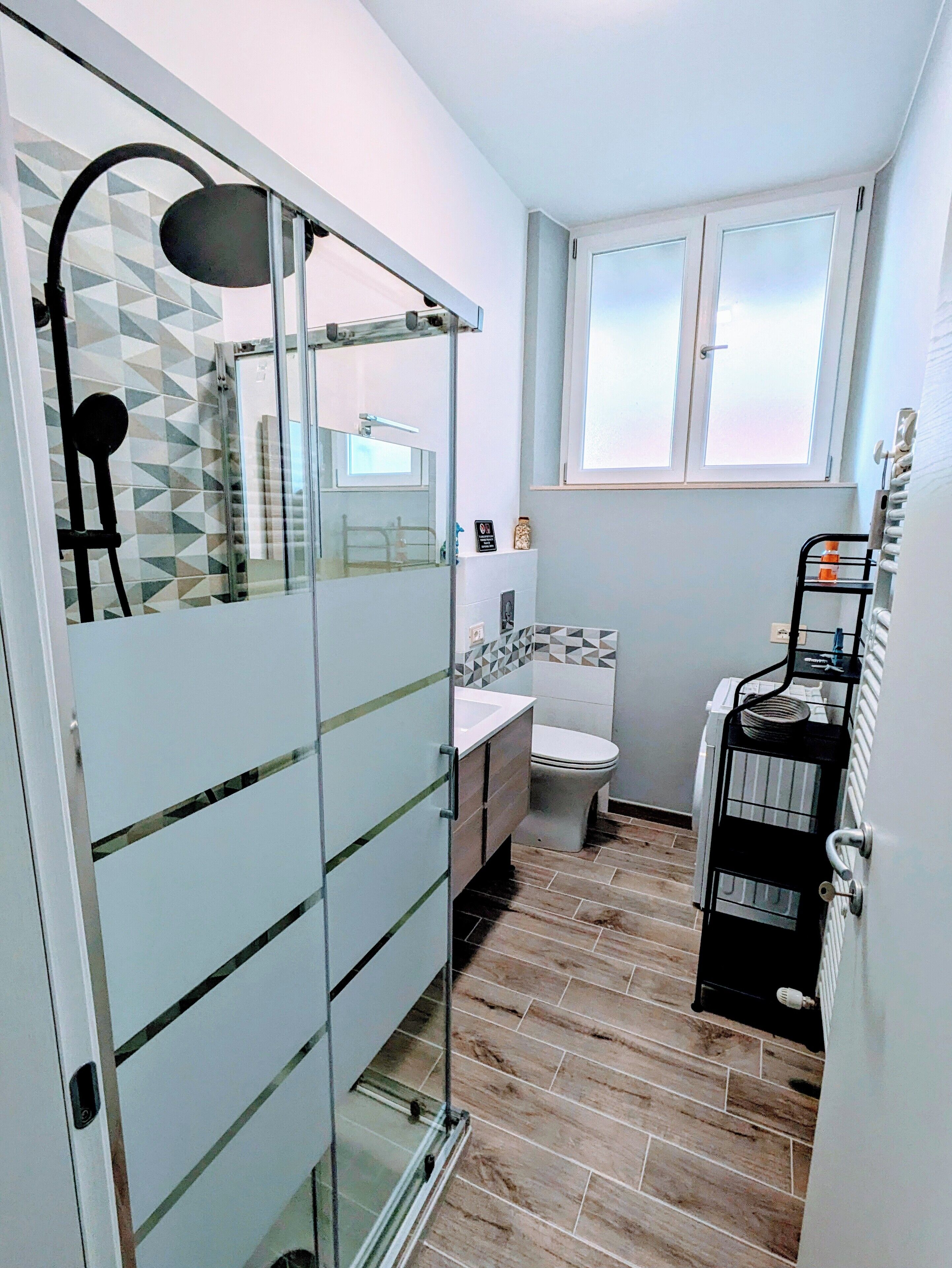 Shower, hair dryer, bidet, towels