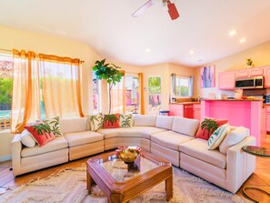 Smart TV, fireplace, foosball