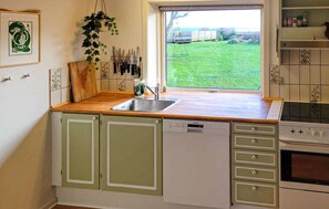 Fridge, stovetop, dishwasher, coffee/tea maker