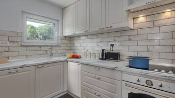 Family House, Multiple Bedrooms, 2 Bathrooms, Mountainside (Hidden Pool House With Sea View) | Private kitchen | Fridge, oven, stovetop, dishwasher