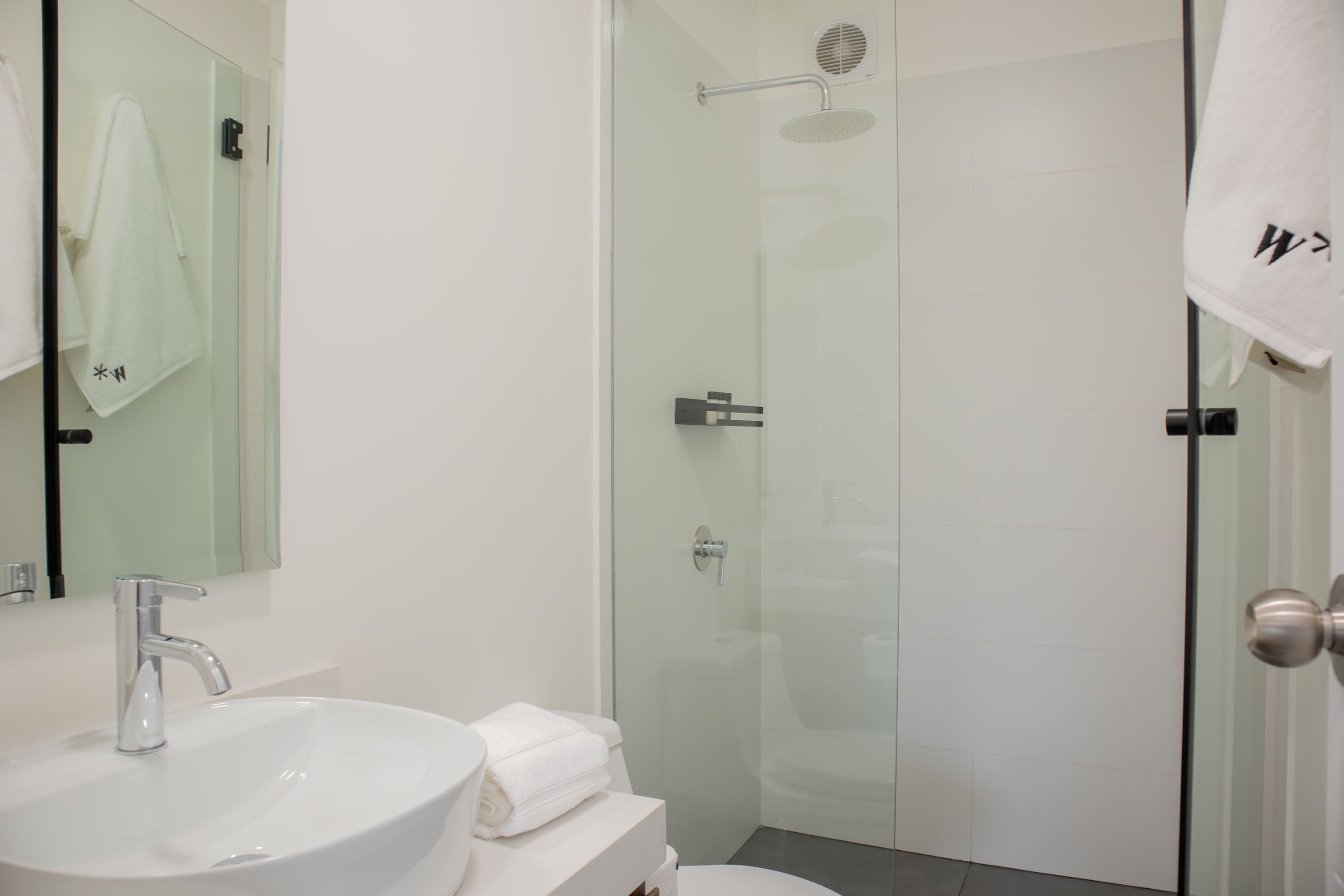 Une salle de bain moderne avec une douche à parois de verre, un lavabo blanc et un miroir.