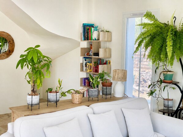 Ein Wohnzimmer mit einem weißen Sofa, einem Bücherregal und verschiedenen topfgepflanzten Pflanzen.