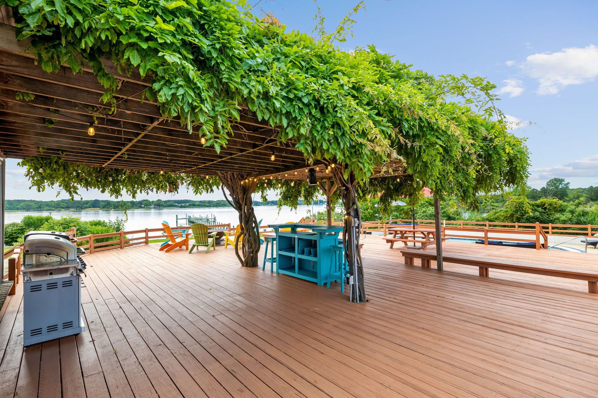Une terrasse en bois avec une pergola recouverte de verdure, un espace salon extérieur et un barbecue.