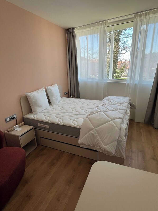 1 bedroom, laptop workspace, iron/ironing board, bed sheets