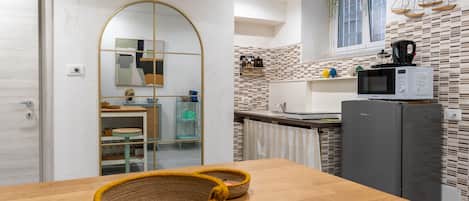 Fridge, microwave, electric kettle, toaster