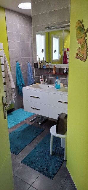 Regadera, toallas, jabón, papel de baño