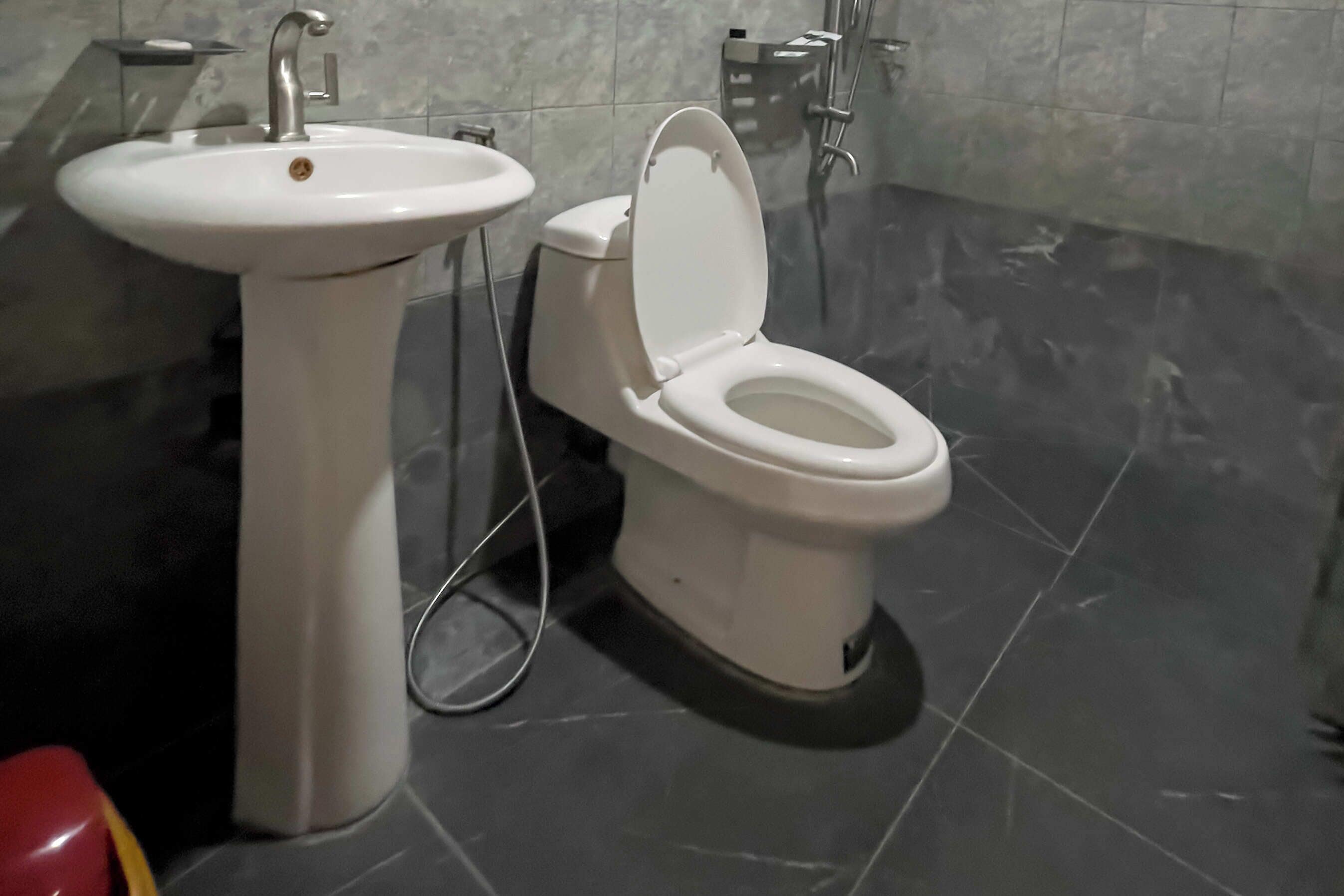 Un baño con lavamanos pedestal blanco, inodoro y zona de ducha.