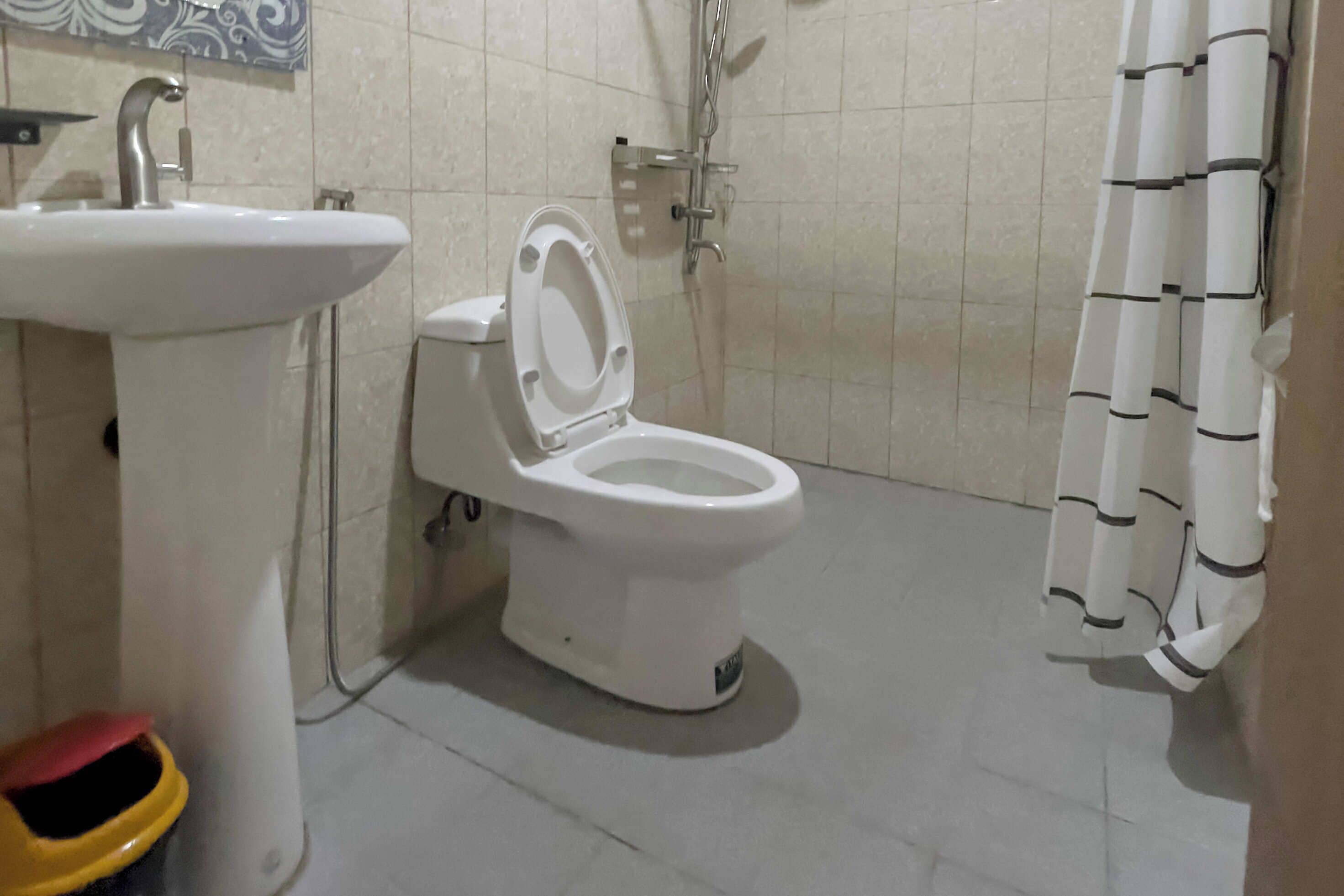 A bathroom with a white toilet, a sink, and a shower.