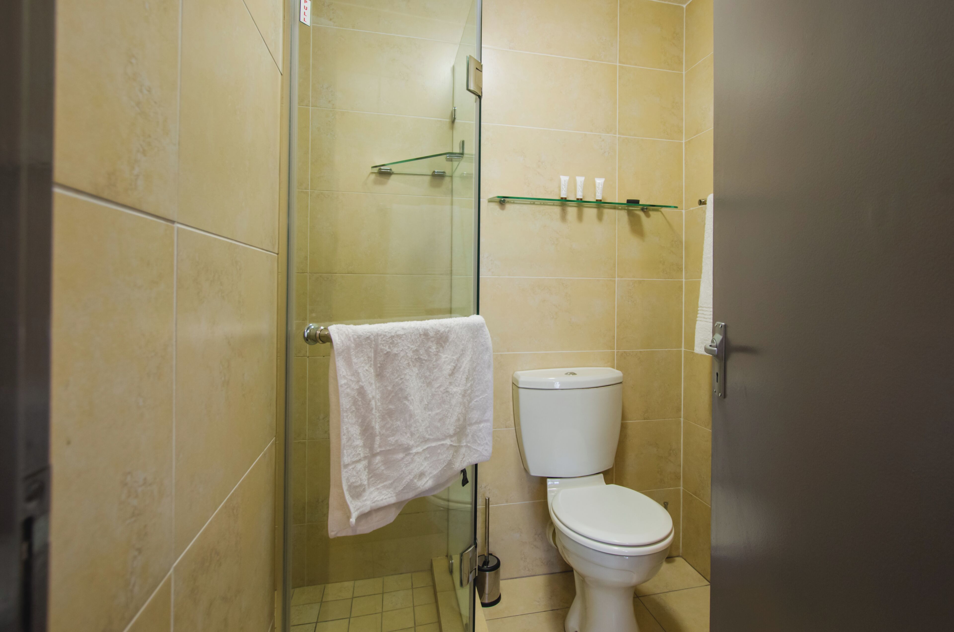 Un baño con cabina de ducha de vidrio, un inodoro y un estante con artículos de aseo.