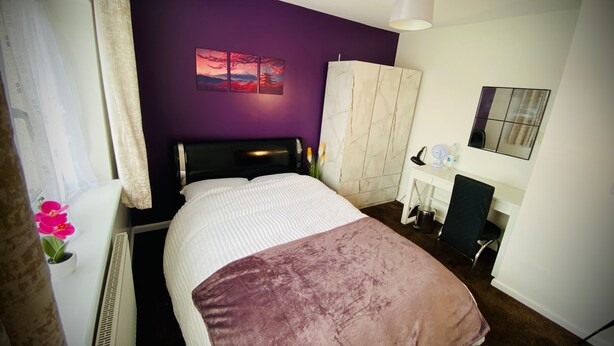 Une chambre à coucher avec un lit, un bureau, une chaise, un radiateur, une plante en pot et un tableau accroché au mur.