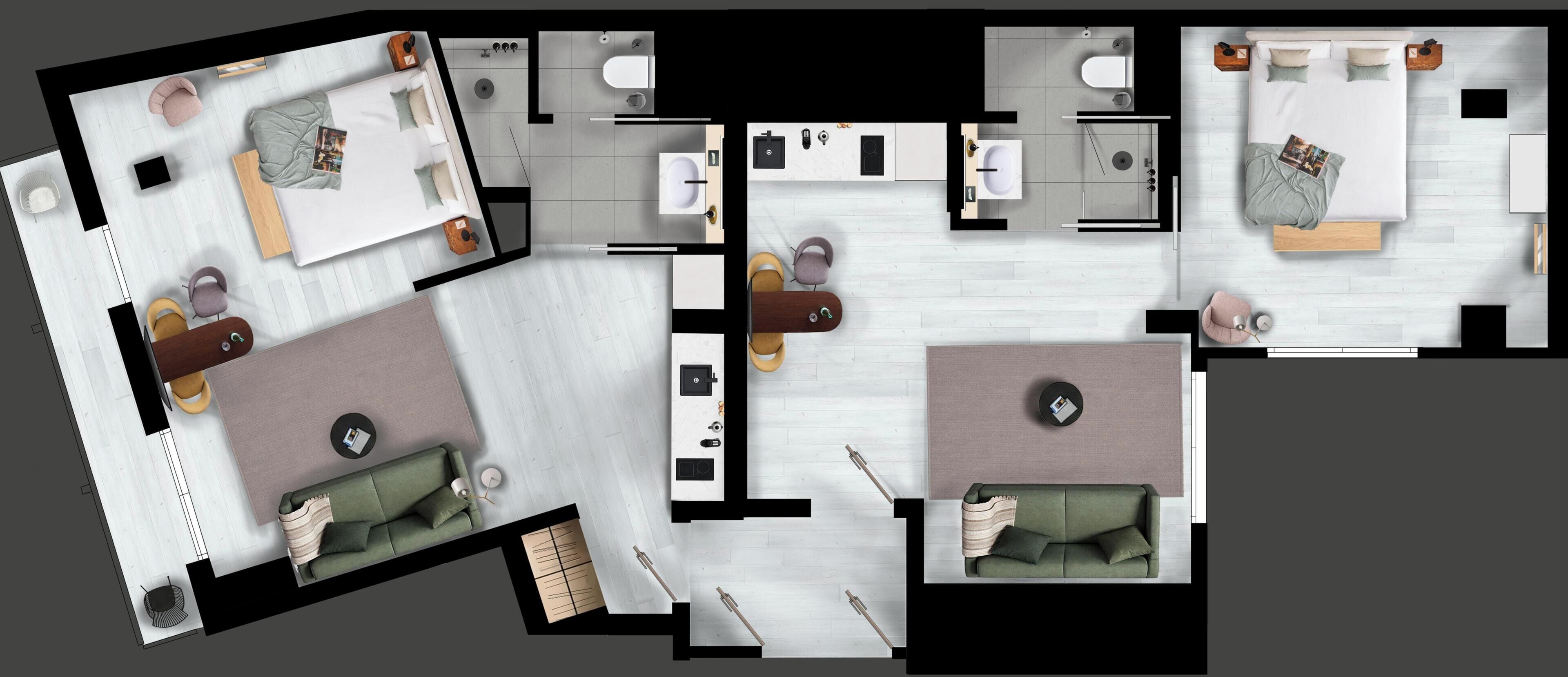 A hotel layout with multiple bedrooms, bathrooms, a living area, and a dining area.