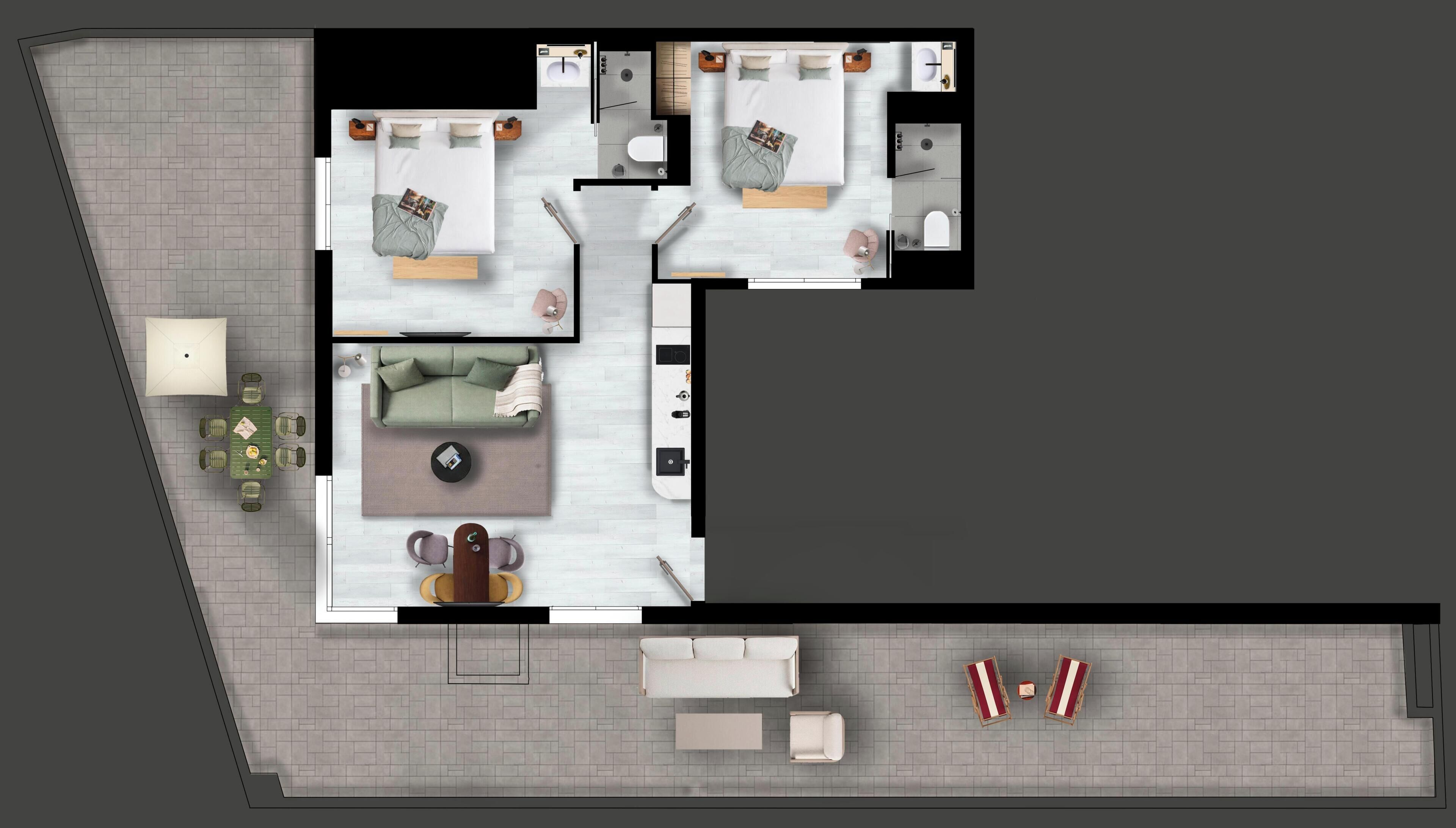 Distribución de un hotel que incluye sala de estar, dos dormitorios, un baño y comedor.