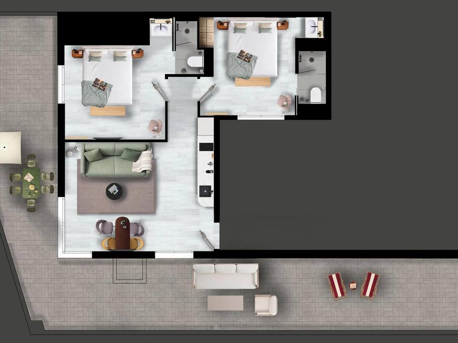 Distribución de un hotel que incluye sala de estar, dos dormitorios, un baño y comedor.