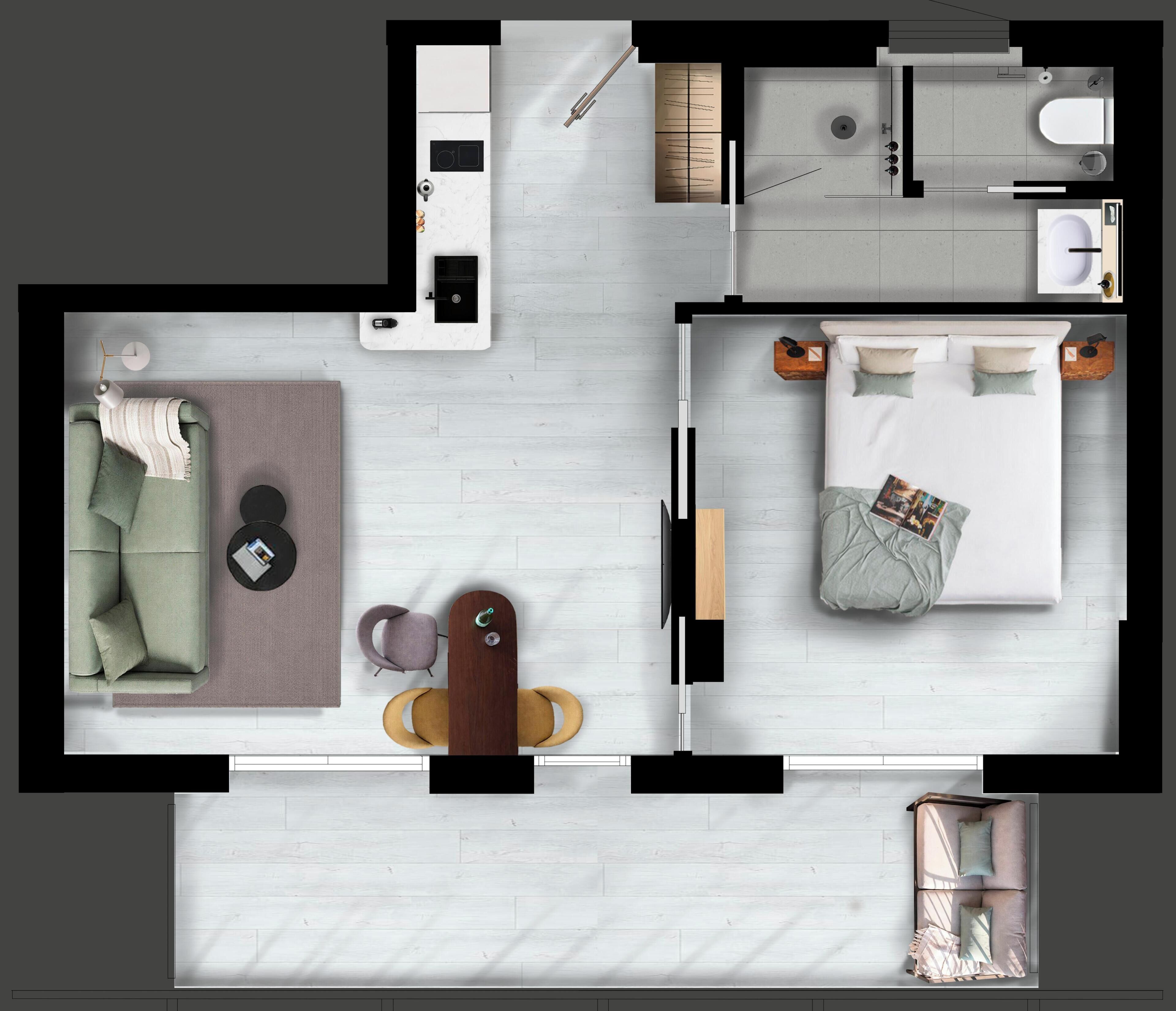 Overzicht vanuit de hoogte van een modern appartement met woonkamer, keuken, badkamer en slaapkamer.