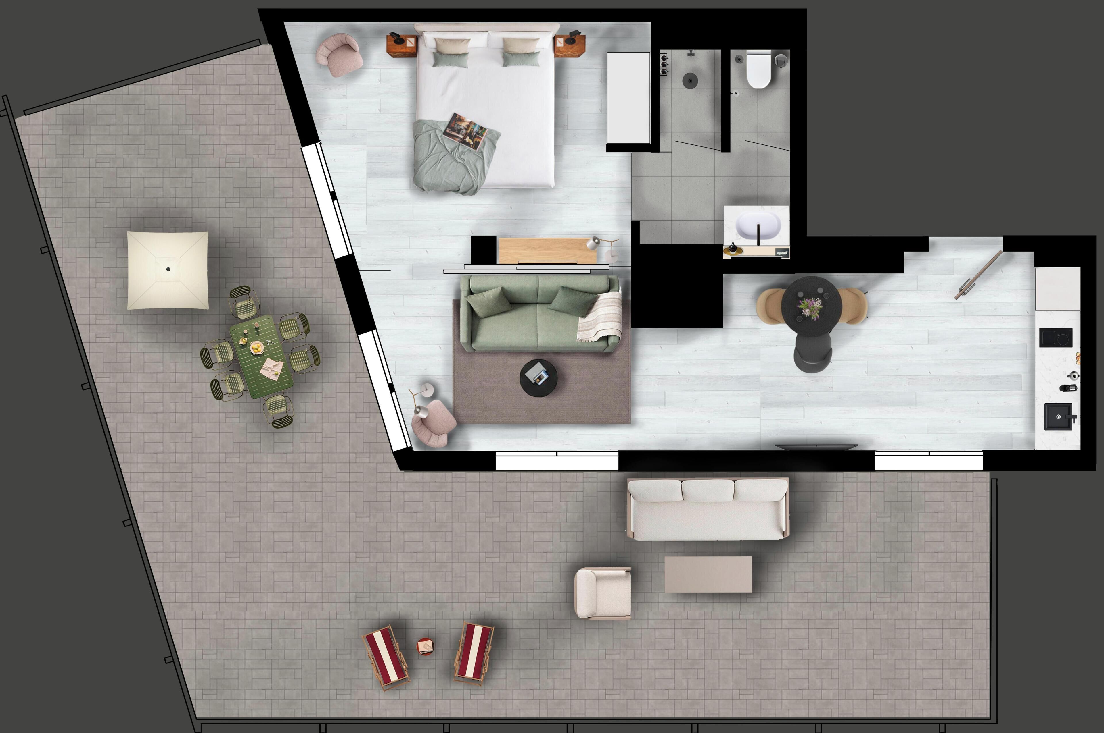 Un plan d’aménagement de chambre d’hôtel comprenant un lit, un canapé, une table à manger et un petit coin cuisine.