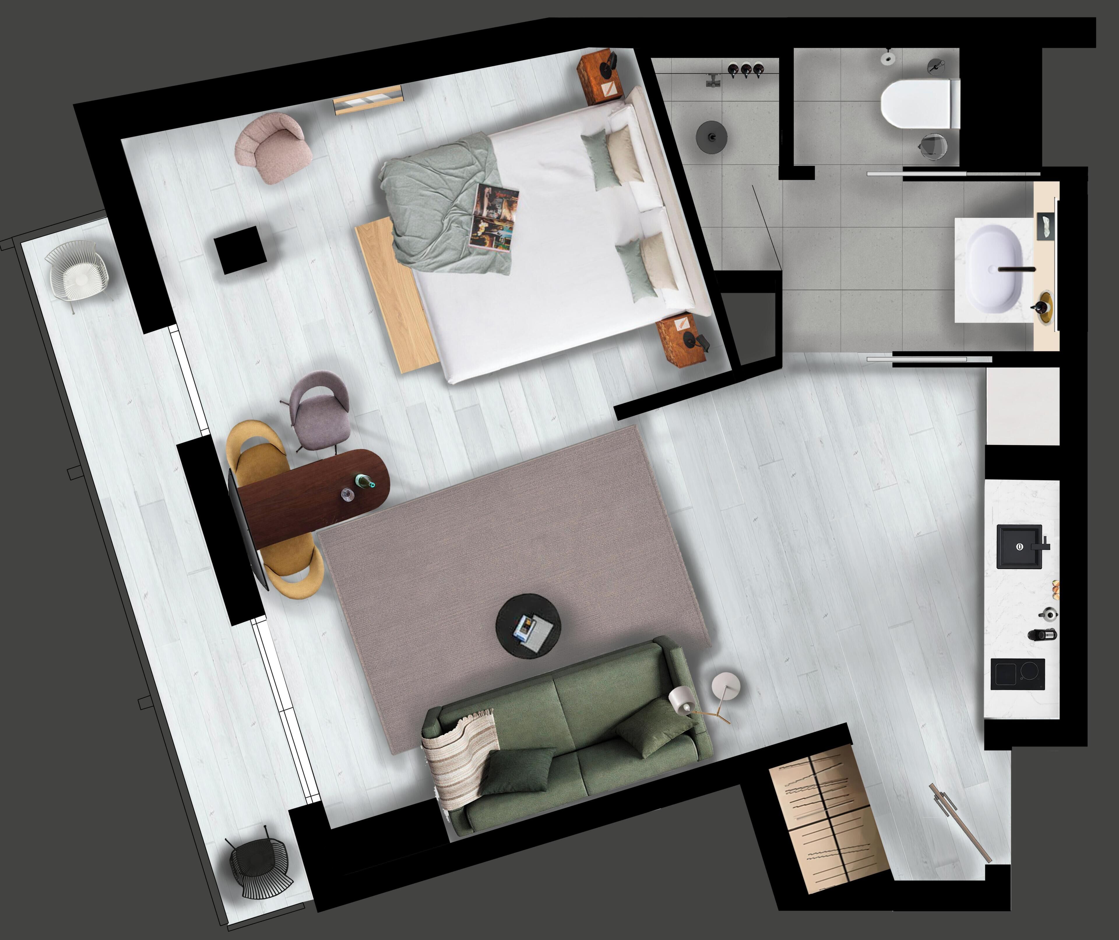 A top-down view of a hotel room with a bed, sofa, dining table, chairs, a small kitchen area, and a bathroom.