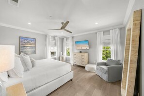 A modern bedroom with a large bed, a dresser, a chair, and a ceiling fan.