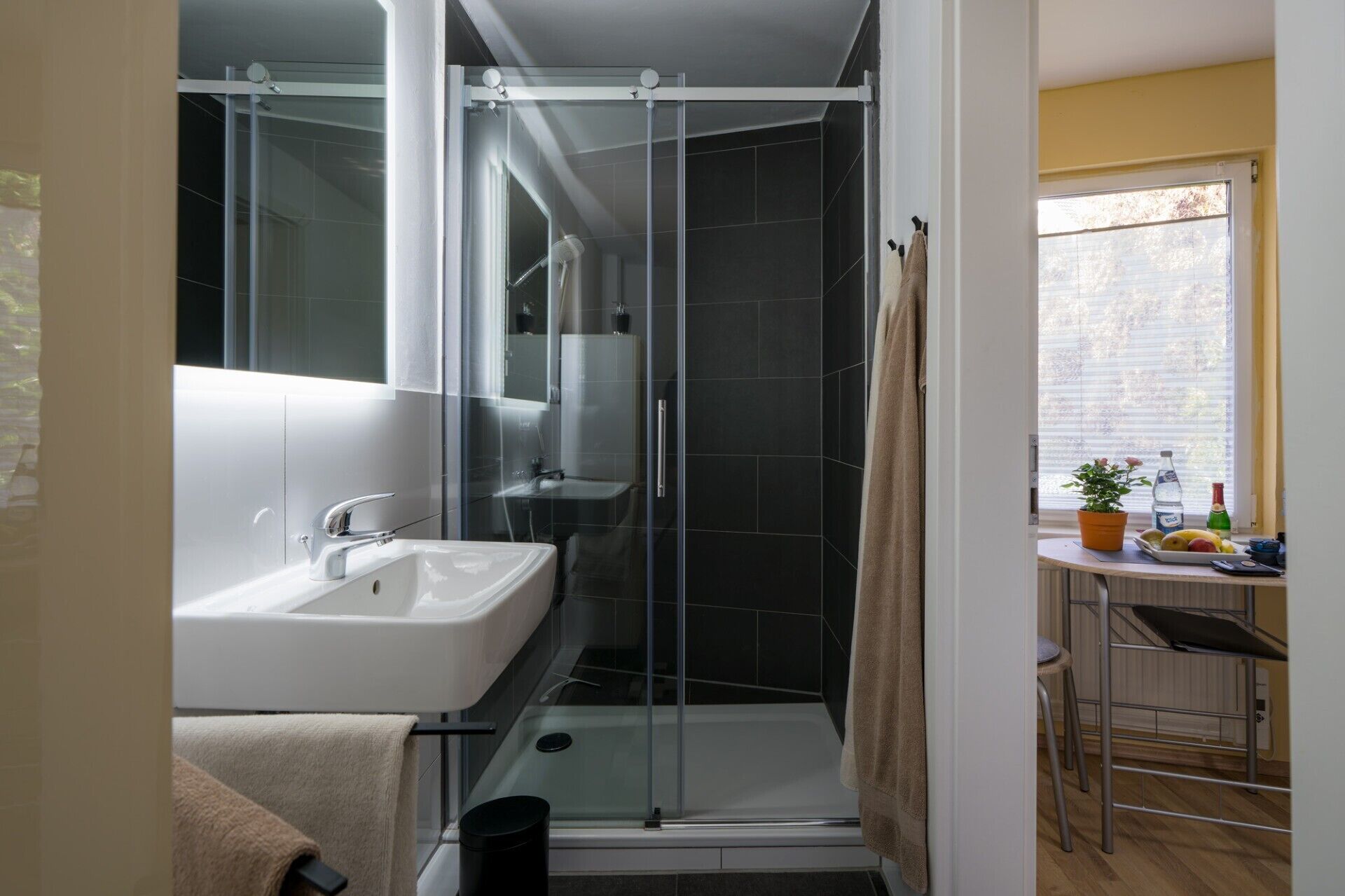 Dusche, Haartrockner, Handtücher, Seife