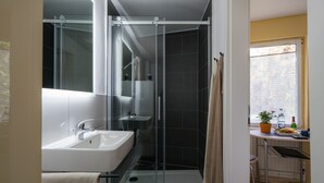 A modern bathroom with a glass shower enclosure, a white sink, and a small countertop with a potted plant and toiletries. - Small apartment for two people with garden and private entrance (Bochum)