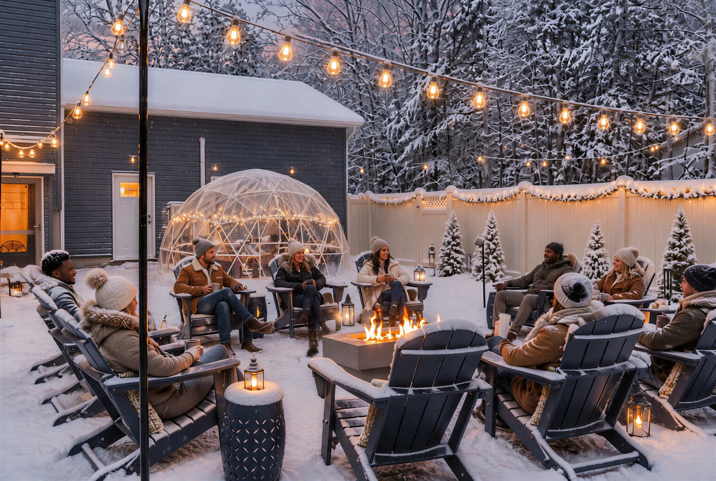 Ein Sitzbereich im Freien mit Stühlen und Tischen, umgeben von schneebedeckten Bäumen und einem Gebäude mit dunkler Fassade.