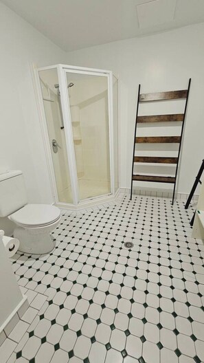 Tina de hidromasaje, secadora de cabello, toallas, jabón