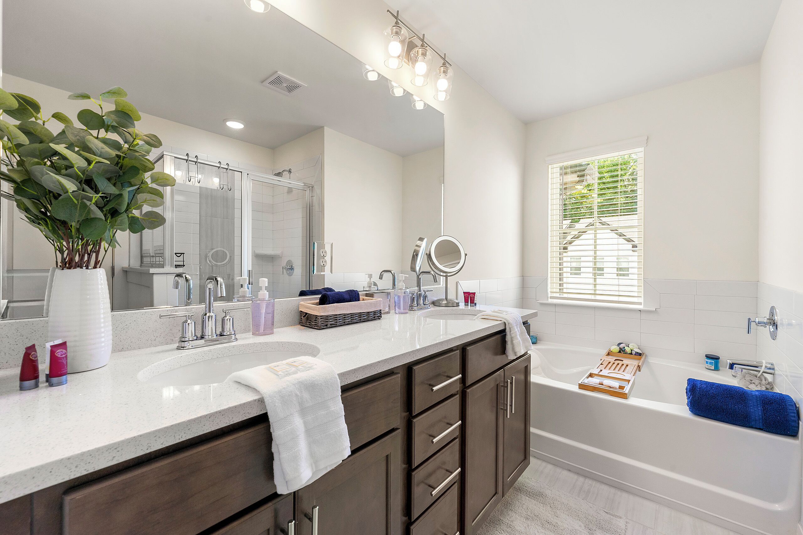 Hair dryer, towels, soap, shampoo