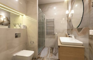 Shower, hair dryer, bidet, towels