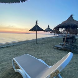 Plage privée, chaises longues, parasols, bar de plage