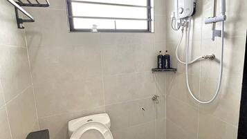 Hair dryer, bidet, towels, soap