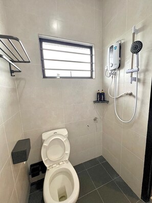 Hair dryer, bidet, towels, soap