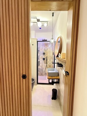 Shower, hair dryer, bidet, towels