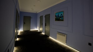 A hallway with a carpeted floor, white walls, and doors. - Will Hotel (Baku)