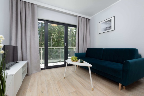 The living area features a sleek coffee table and a flat-screen television.