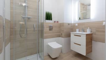 Shower, hair dryer, towels, shampoo