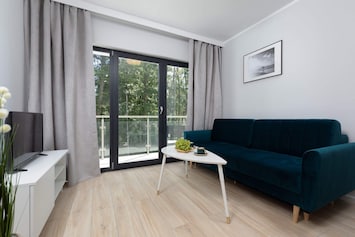 The living area features a sleek coffee table and a flat-screen television.