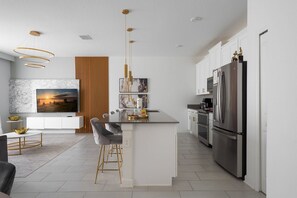 Fridge, microwave, oven, dishwasher