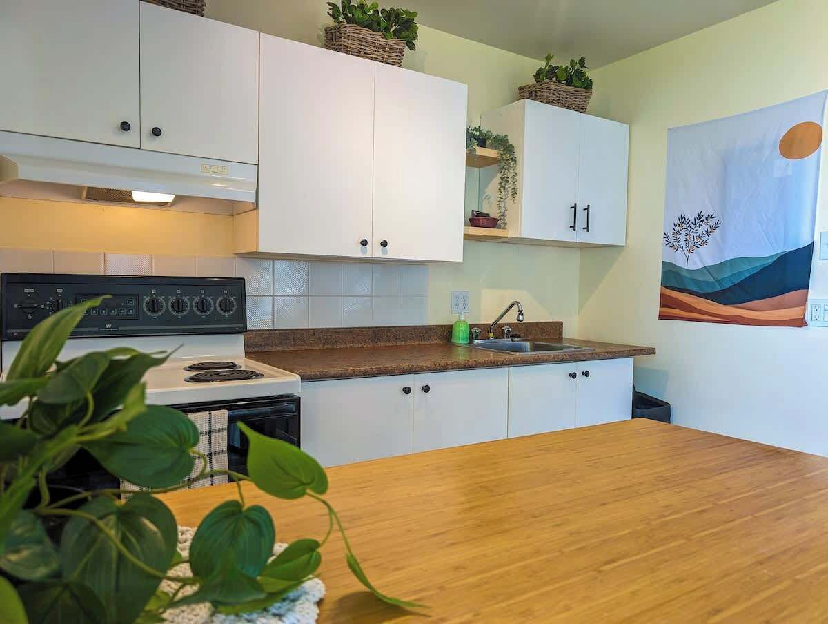 Kühlschrank, Ofen, Herdplatte, Wasserkocher mit Kaffee-/Teezubehör