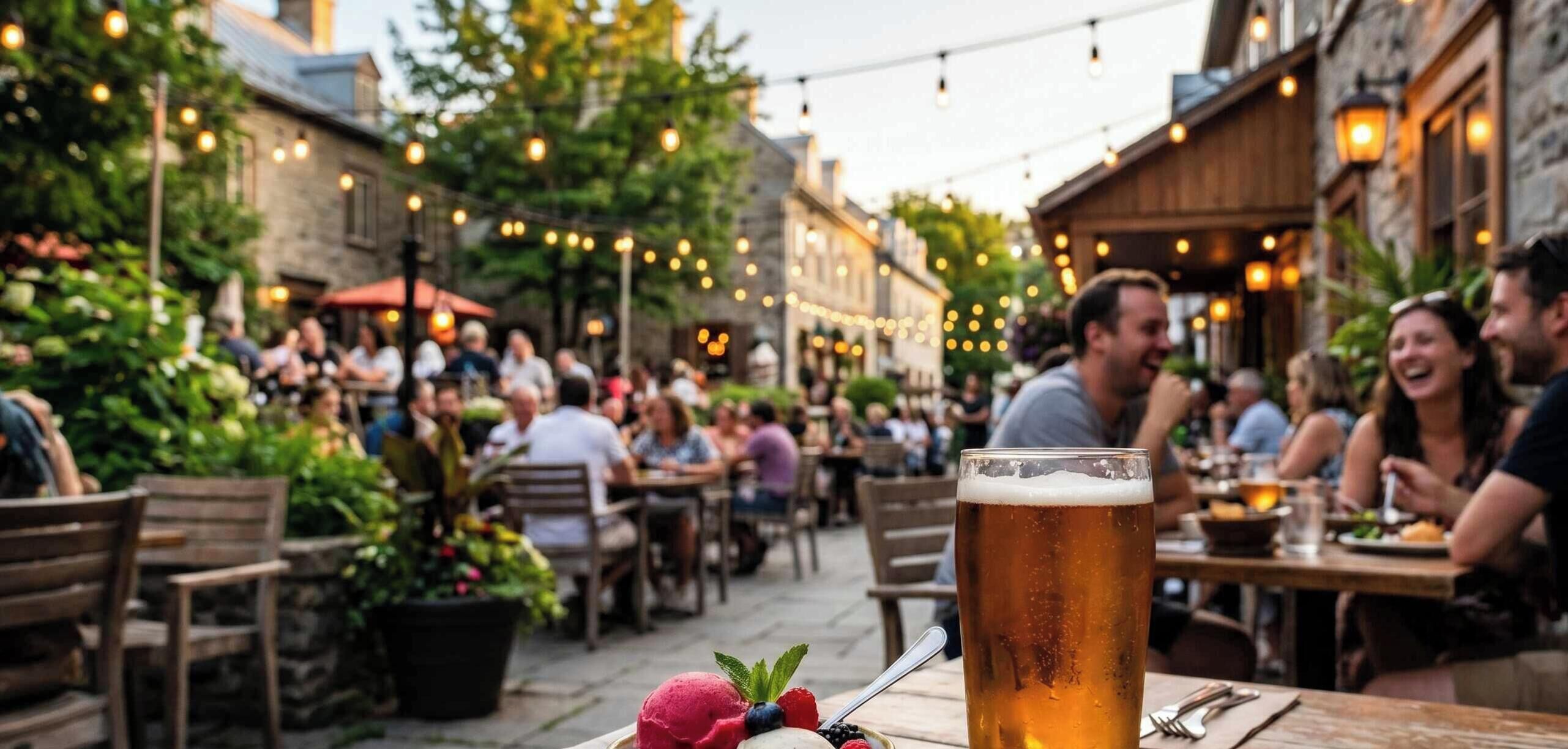 Un espace de restauration en plein air, avec des tables et des chaises, entouré de bâtiments et illuminé de guirlandes lumineuses.