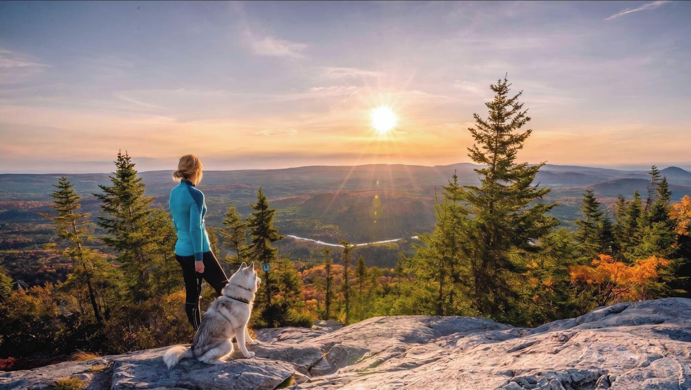 A person and a dog on a rocky outcrop overlooking a forested valley with a sunset.
