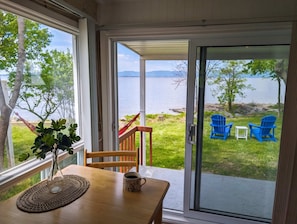 Ett rum med ett bord, en stol, en växt och utsikt över en sjö och stolar utomhus.