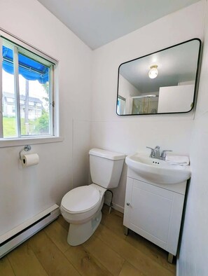 Shower, hair dryer, shampoo