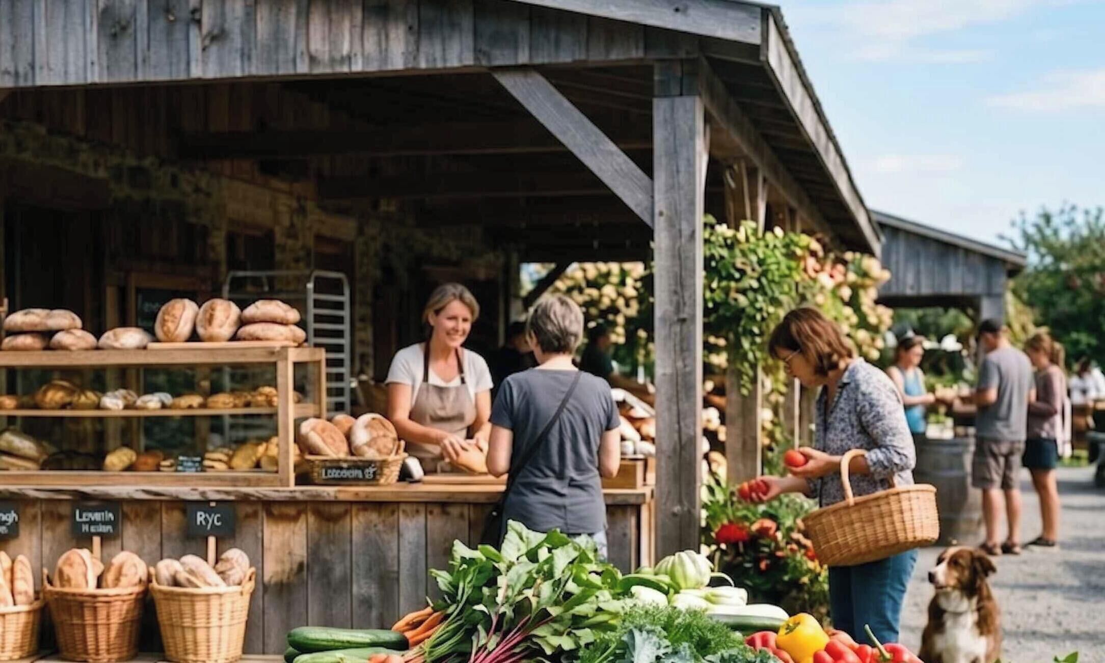 A rustic outdoor market with bread and fresh produce displayed.