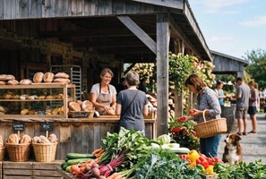 A rustic outdoor market stall with bread and vegetables. - Chalet #7 Waterfront with Spa, Fireplace, Wifi & AC (Cap-Saint-Ignace)
