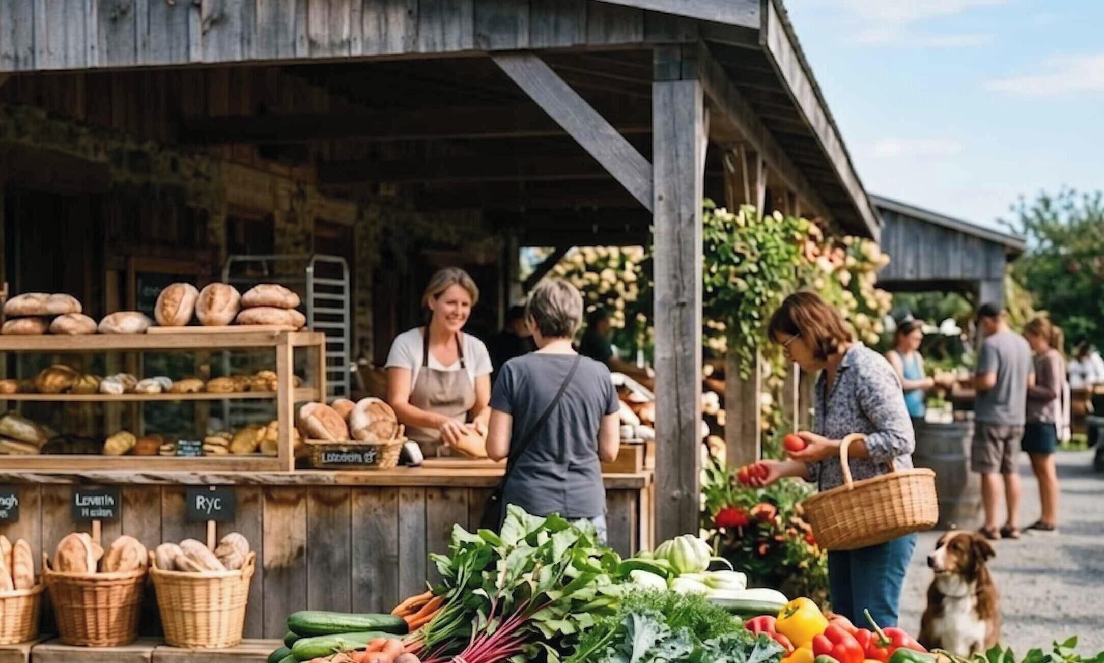 A rustic outdoor market with bread and fresh produce displayed.