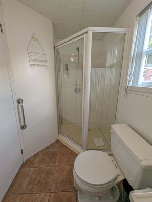 Un baño con inodoro, cabina de ducha y toallero.